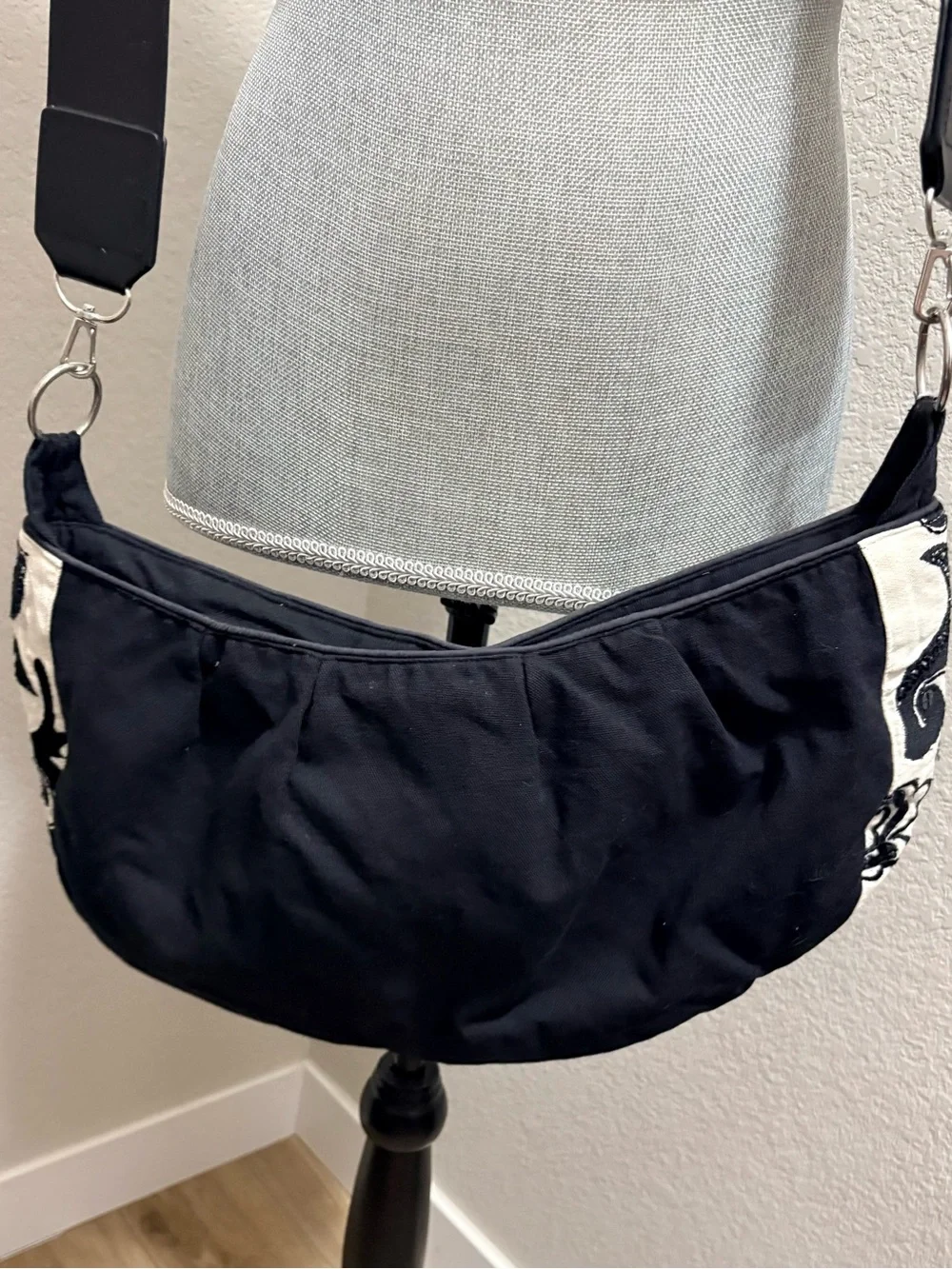 Boho Sequin Floral Paisley Hobo Crossbody Bag Ivory Black Made in India